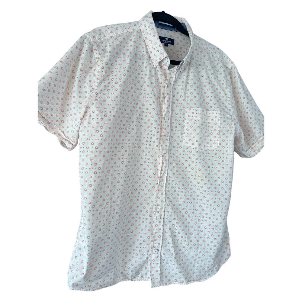 Sperry Men's L White Button Up Short‎ Sleeve Shirt with Red Pattern